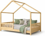 Lit cabane enfant en bois naturel avec matelas et coussins verts