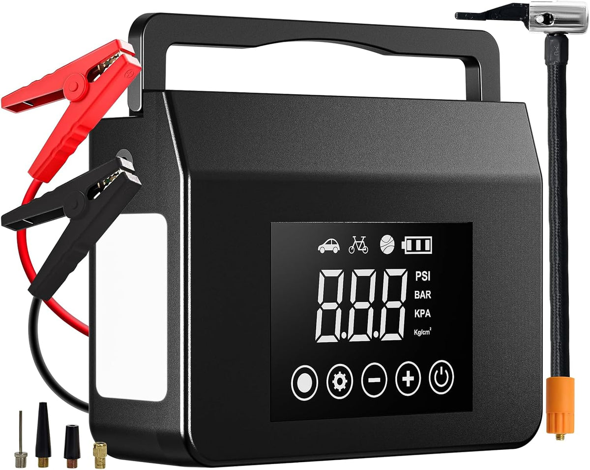 Booster de batterie Hieha L8 avec ses pinces, le tuyau du compresseur, les trois embouts de gonflage et l'écran LCD